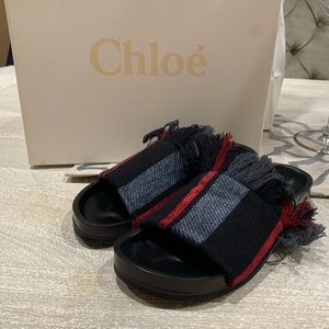 - Chloe fringe striped accent slides sandals